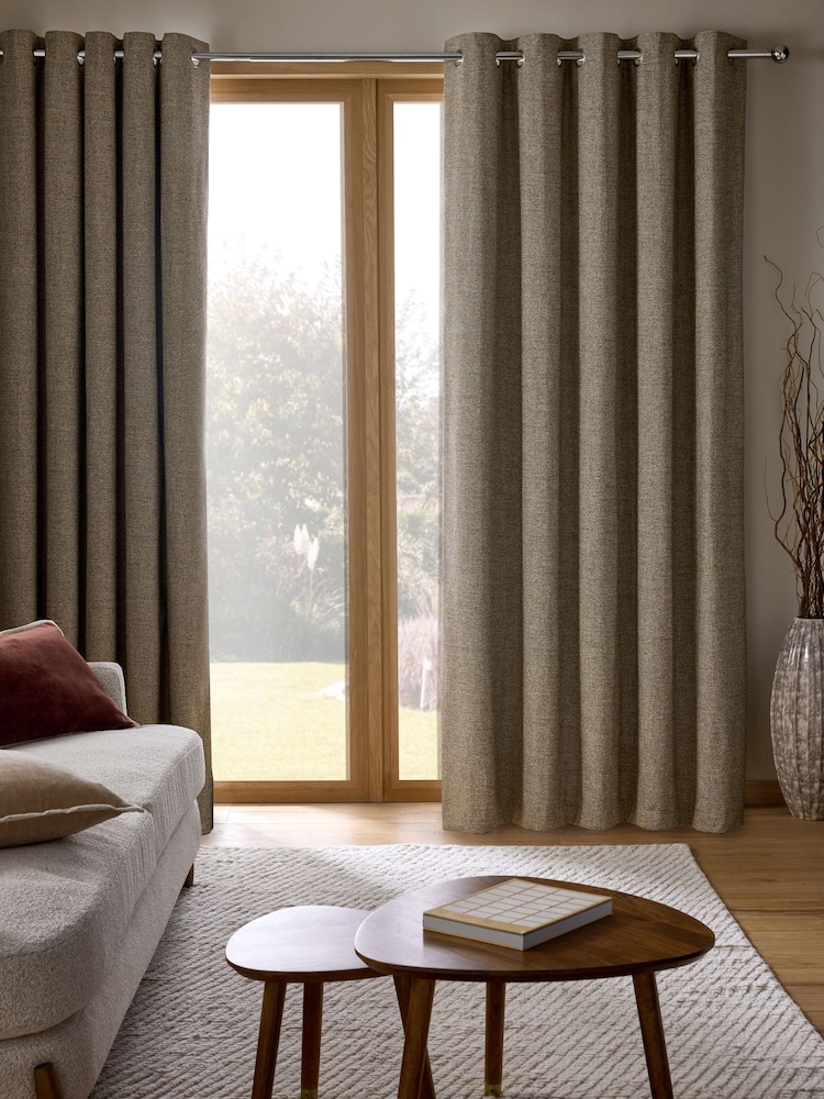 Dark Natural Textured Marl Lined Eyelet Curtains - Image 2 of 5 Dark Natural Textured Marl Lined Eyelet Curtains - Image 2 of 5