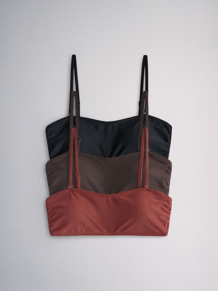 The Set Bandeau 3 Pack Strappy Bandeau Bikini Top Black/Brown - Image 2 of 6 The Set Bandeau 3 Pack Strappy Bandeau Bikini Top Black/Brown - Image 2 of 6