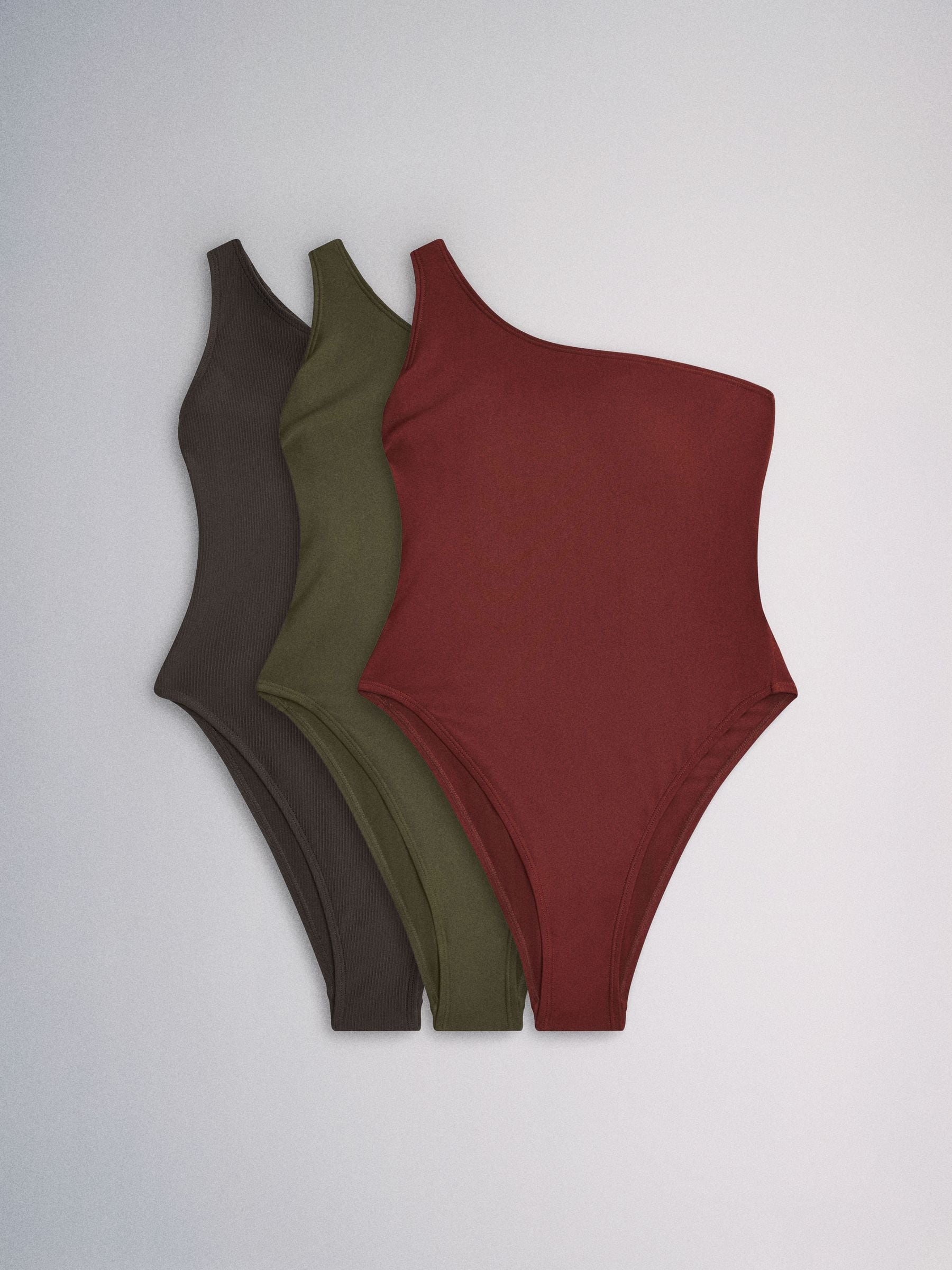 Buy The Set 3 Pack One Shoulder Swimsuits Brown/Khaki Green/Rust