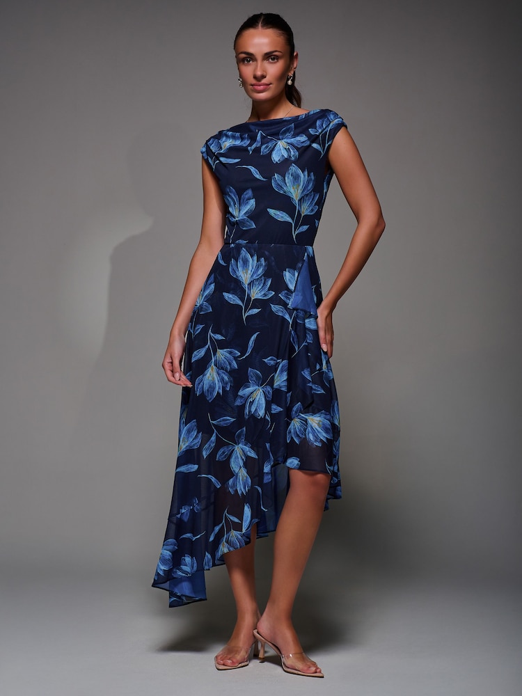 Jolie Moi Blue Asymmetrical Draped Mesh Midaxi Dress - Image 1 of 6 Jolie Moi Blue Asymmetrical Draped Mesh Midaxi Dress - Image 1 of 6