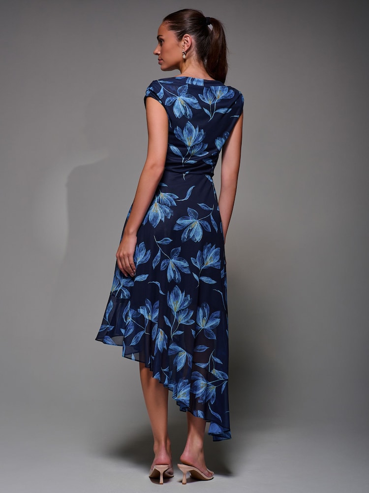 Jolie Moi Blue Asymmetrical Draped Mesh Midaxi Dress - Image 2 of 6 Jolie Moi Blue Asymmetrical Draped Mesh Midaxi Dress - Image 2 of 6