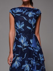 Jolie Moi Blue Asymmetrical Draped Mesh Midaxi Dress - Image 3 of 6