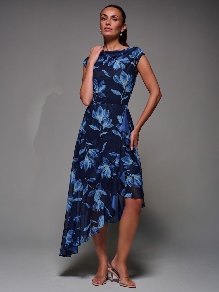 Jolie Moi Blue Asymmetrical Draped Mesh Midaxi Dress - Image 6 of 6