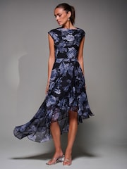 Jolie Moi Black Asymmetrical Draped Mesh Midaxi Dress - Image 1 of 6