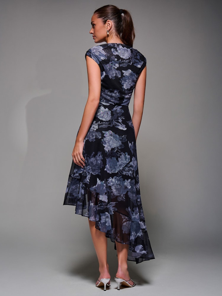 Jolie Moi Black Asymmetrical Draped Mesh Midaxi Dress - Image 2 of 6 Jolie Moi Black Asymmetrical Draped Mesh Midaxi Dress - Image 2 of 6