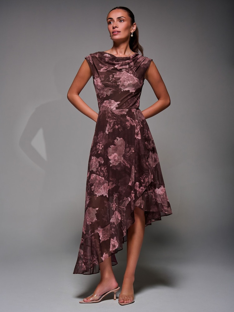 Jolie Moi Dark Brown Asymmetrical Draped Mesh Midaxi Dress - Image 1 of 6 Jolie Moi Dark Brown Asymmetrical Draped Mesh Midaxi Dress - Image 1 of 6