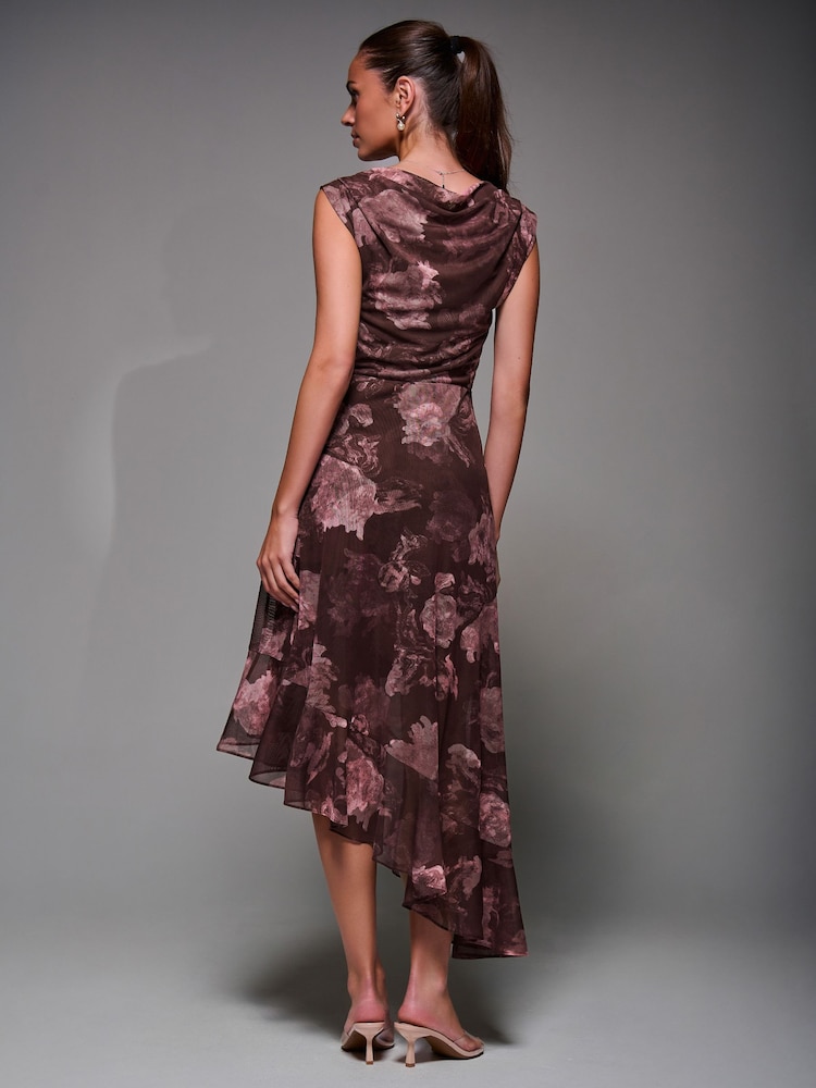 Jolie Moi Dark Brown Asymmetrical Draped Mesh Midaxi Dress - Image 2 of 6 Jolie Moi Dark Brown Asymmetrical Draped Mesh Midaxi Dress - Image 2 of 6