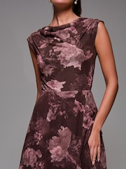 Jolie Moi Dark Brown Asymmetrical Draped Mesh Midaxi Dress - Image 3 of 6