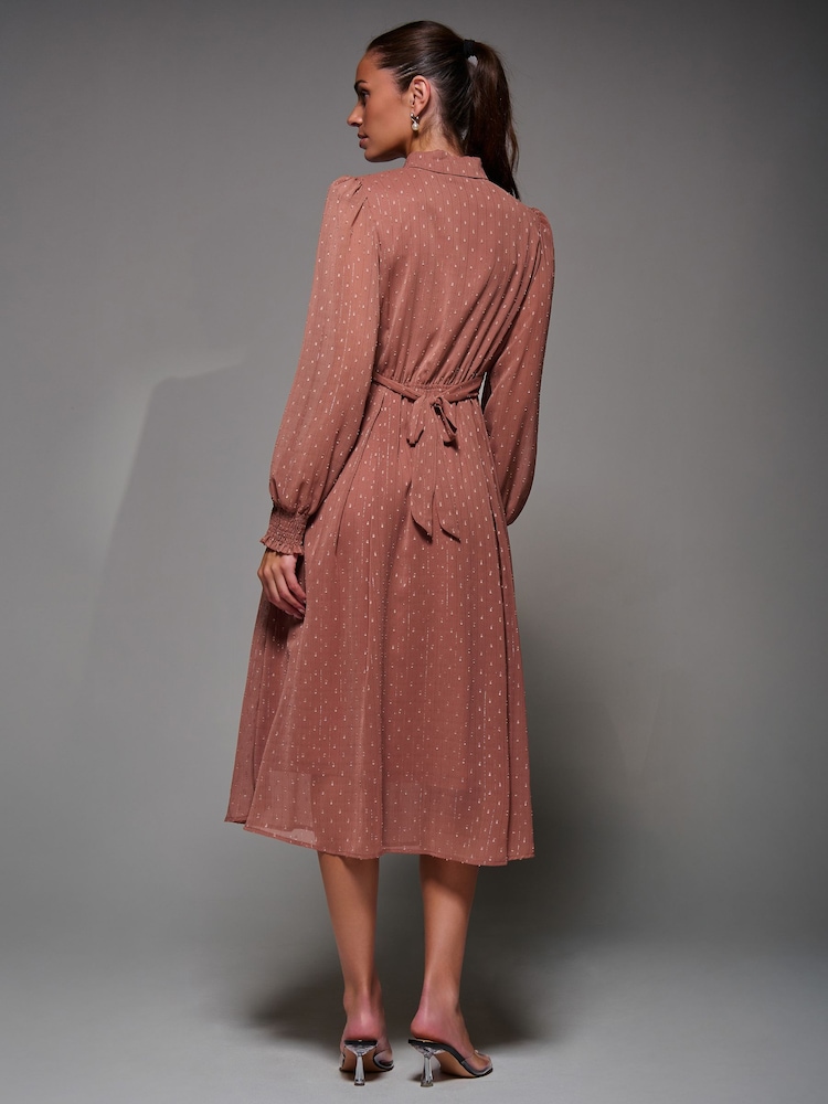 Jolie Moi Pink Textured Chiffon Ruffle Shirt Dress - Image 2 of 6