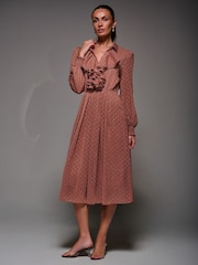 Jolie Moi Pink Textured Chiffon Ruffle Shirt Dress - Image 4 of 6