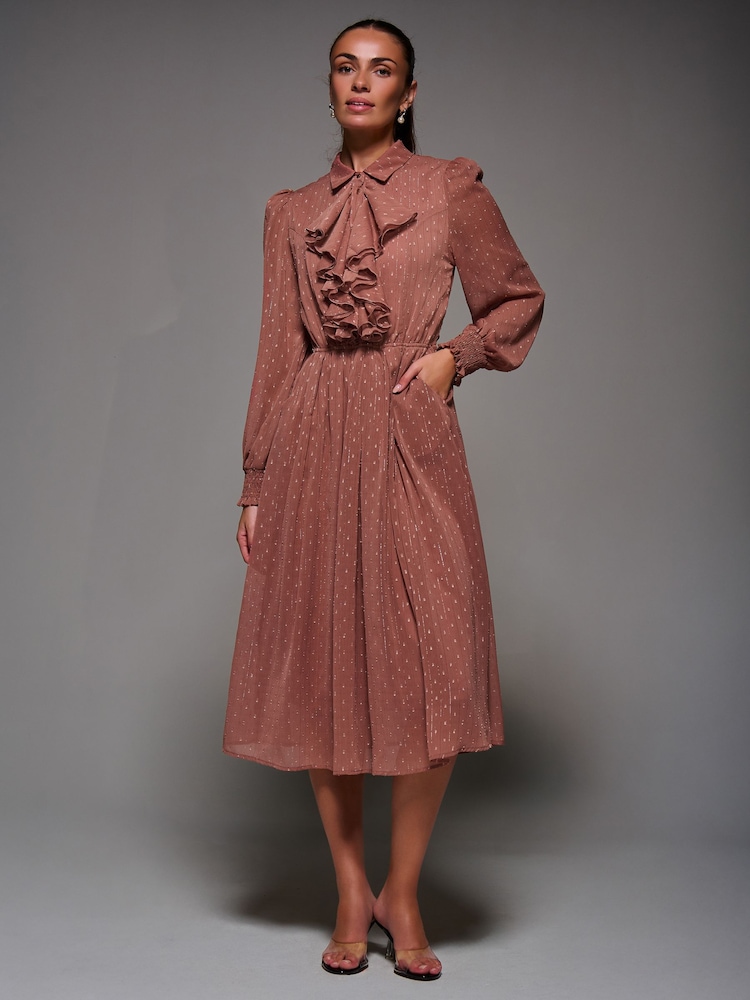 Jolie Moi Pink Textured Chiffon Ruffle Shirt Dress - Image 6 of 6