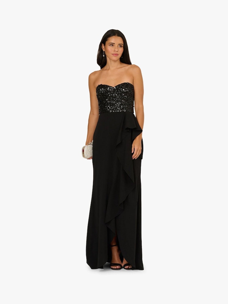 Adrianna Papell Beaded Mesh Sweetheart Strapless Ruffle Gown, Womens, 2, Black