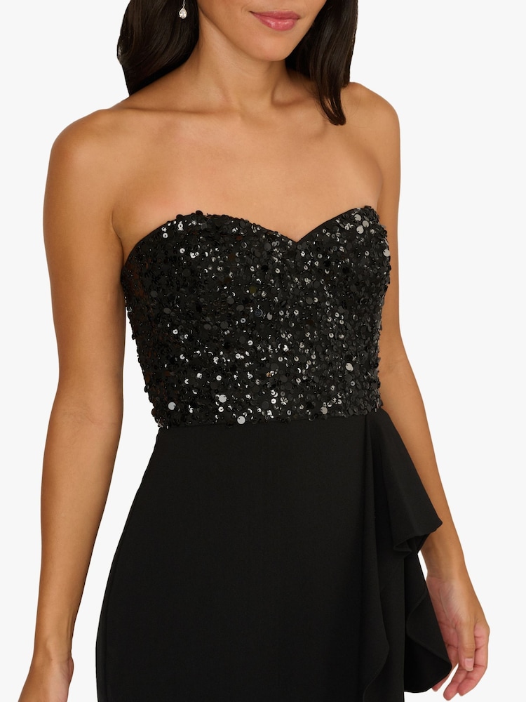 Strapless Sequin Ruffle Combo Gown In Black, Black / Regular / 2 Strapless Sequin Ruffle Combo Gown In Black, Black / Regular / 2