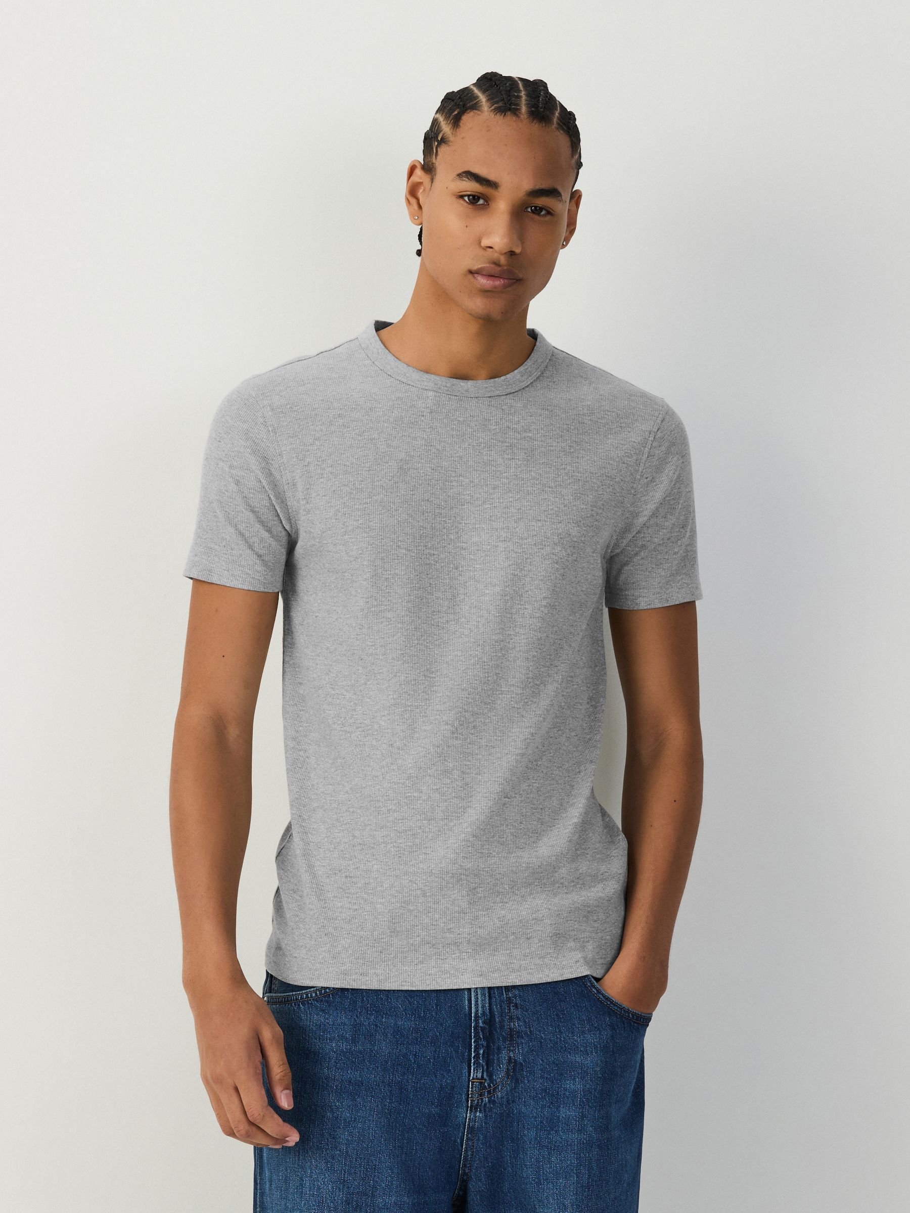 Buy Light Grey Marl Ribbed Slim Fit Short Sleeve Crew Neck T-Shirt