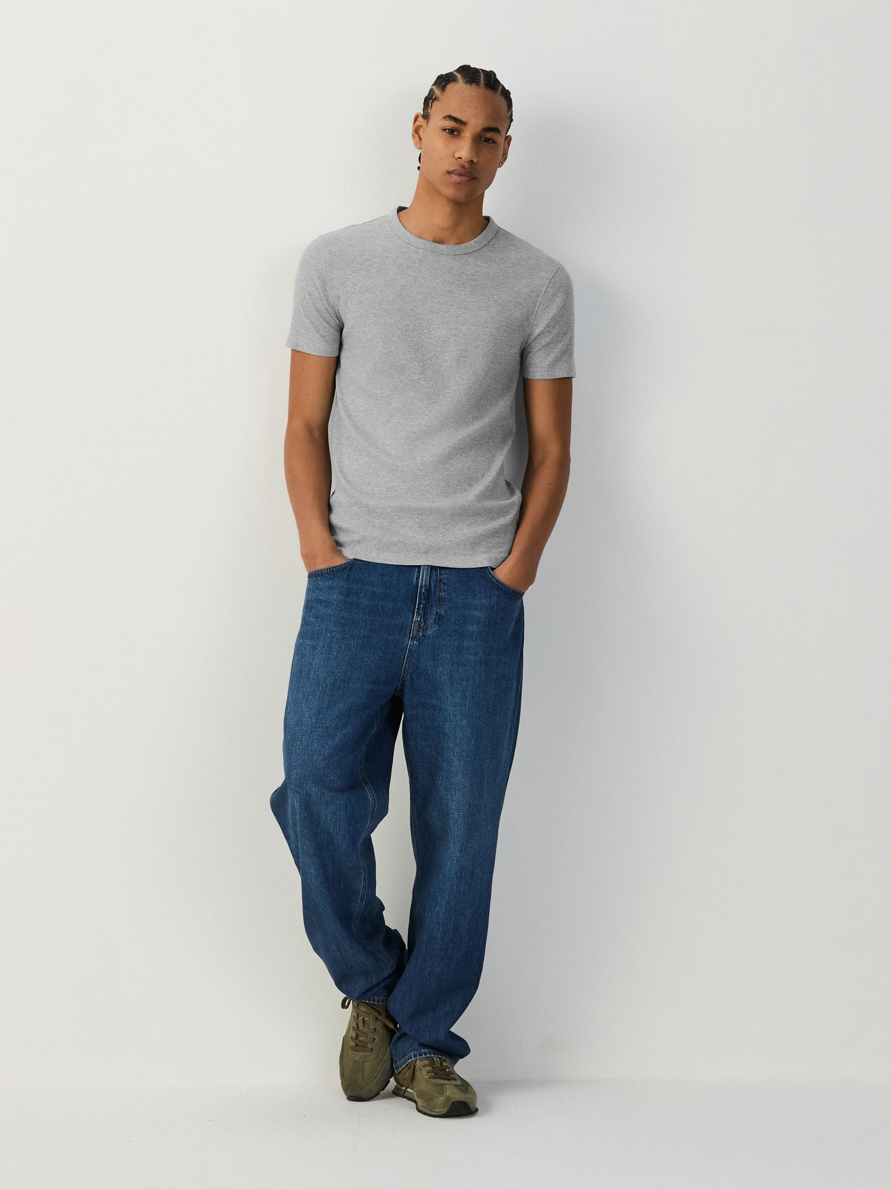 Buy Light Grey Marl Ribbed Slim Fit Short Sleeve Crew Neck T-Shirt