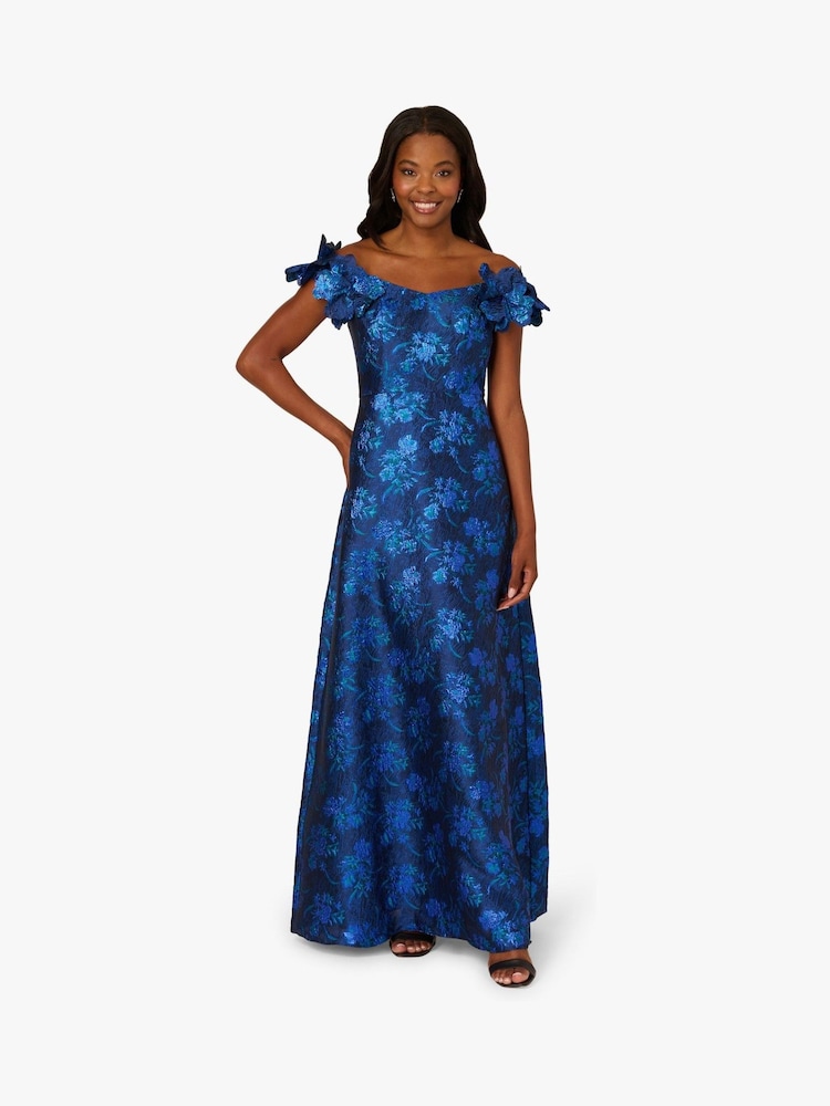 Adrianna Papell Blue Floral Jacquard Gown - Image 1 of 6