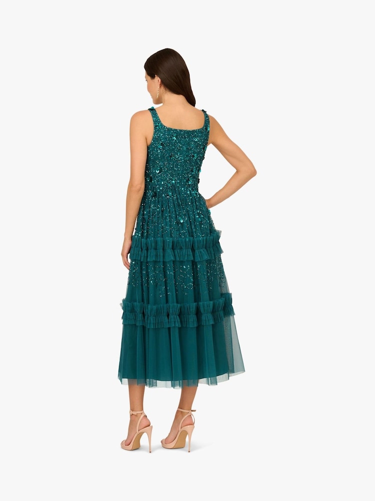 Adrianna Papell Green Beaded Mesh Ruffle Dress - Image 2 of 6 Adrianna Papell Green Beaded Mesh Ruffle Dress - Image 2 of 6