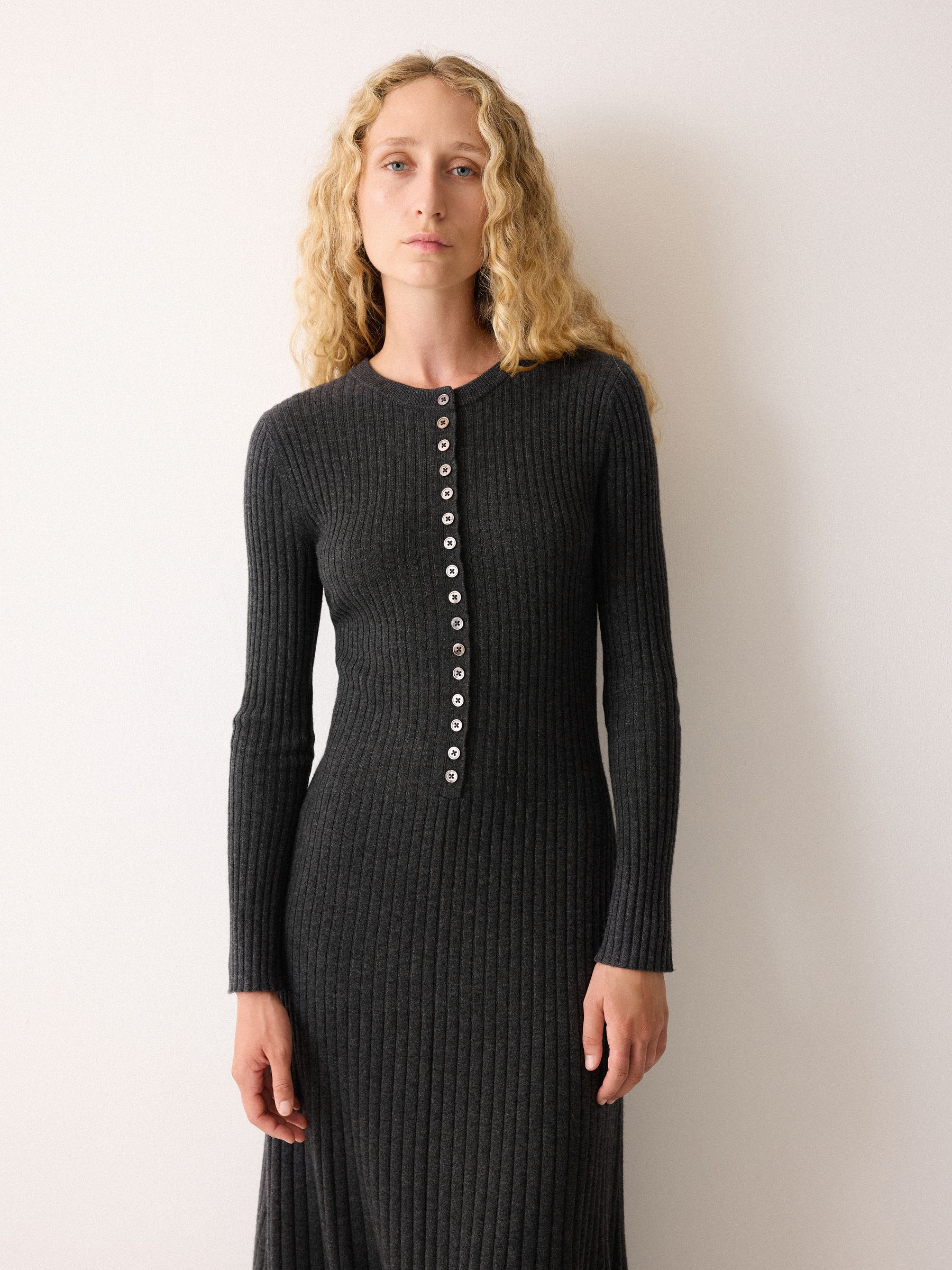 jigsaw knitted dress Womens Jigsaw Black Charcoal Multi Button Rib Knit Dress L