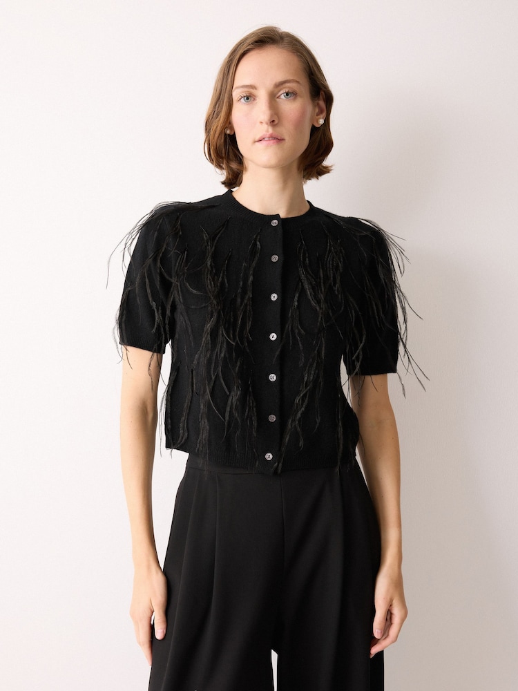 Jigsaw Black Feather Embellished Cardigan - Image 1 of 5 Jigsaw Black Feather Embellished Cardigan - Image 1 of 5
