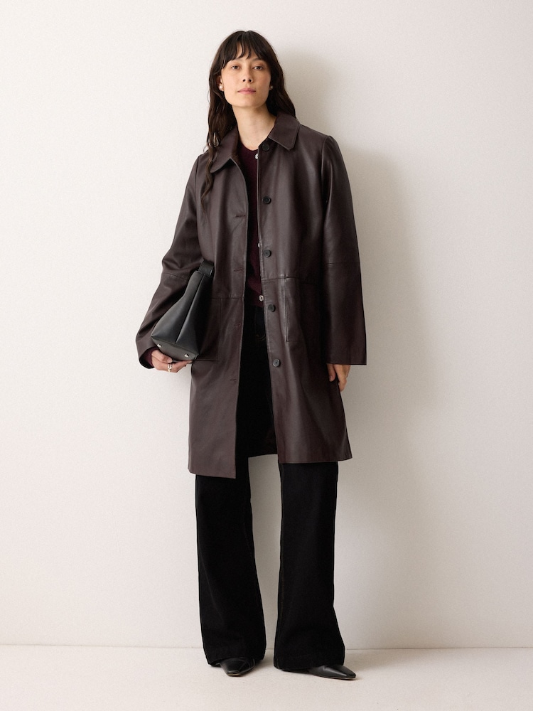 Jigsaw Purple Leather Knee Length Coat - Image 1 of 6 Jigsaw Purple Leather Knee Length Coat - Image 1 of 6