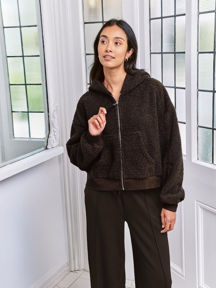 Chelsea Peers Brown Borg Fleece Zip Up Hoodie - Image 1 of 4 Chelsea Peers Brown Borg Fleece Zip Up Hoodie - Image 1 of 4