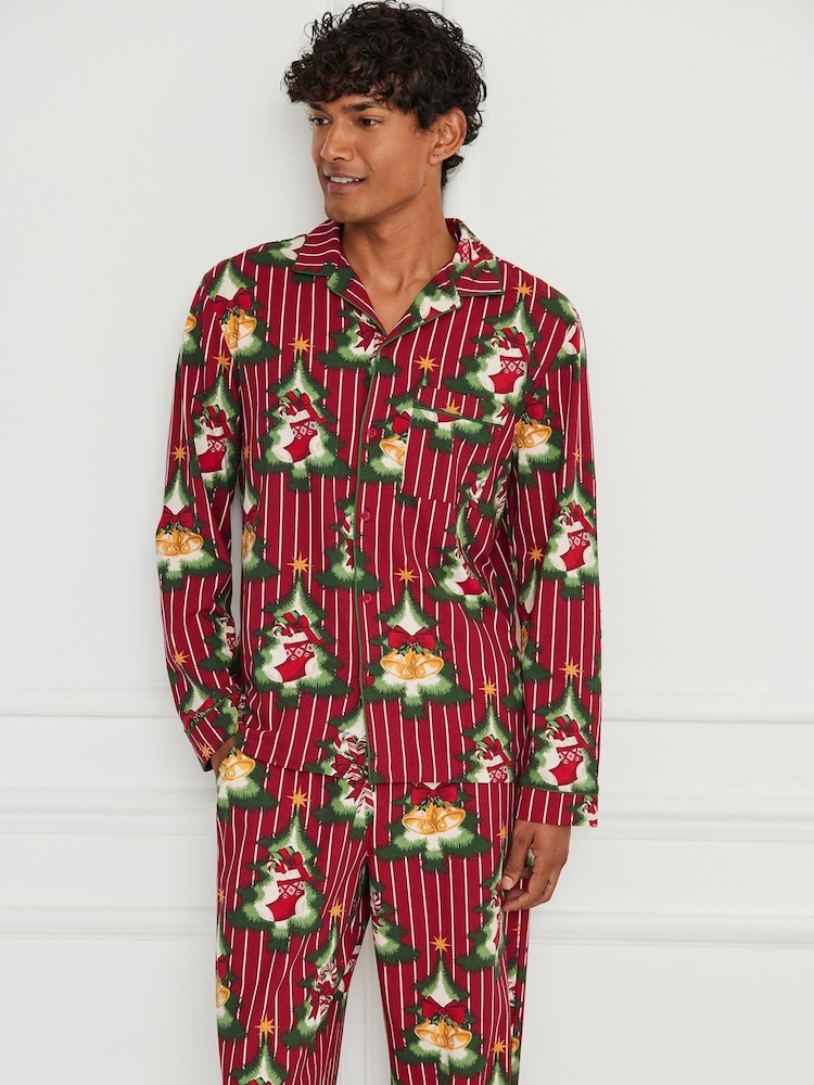 Chelsea Peers Red Cotton Christmas Tree Stripe Long Pyjamas Set - Image 2 of 6 Chelsea Peers Red Cotton Christmas Tree Stripe Long Pyjamas Set - Image 2 of 6