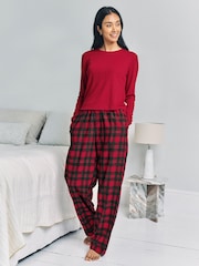 Chelsea Peers Red Pointelle & Cotton Tartan Check Henley Long Pyjamas Set - Image 1 of 5