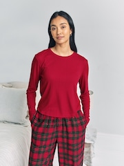 Chelsea Peers Red Pointelle & Cotton Tartan Check Henley Long Pyjamas Set - Image 2 of 5