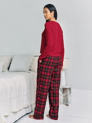 Chelsea Peers Red Pointelle & Cotton Tartan Check Henley Long Pyjamas Set - Image 4 of 5