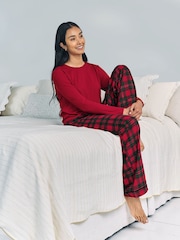 Chelsea Peers Red Pointelle & Cotton Tartan Check Henley Long Pyjamas Set - Image 5 of 5