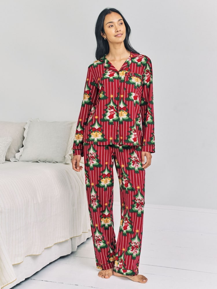 Chelsea Peers Red Organic Cotton Christmas Tree Stripe Long Pyjamas Set - Image 1 of 7 Chelsea Peers Red Organic Cotton Christmas Tree Stripe Long Pyjamas Set - Image 1 of 7