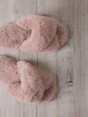 شبشب مفتوح من الخلف بأحزمة متقاطعة من الفرو الصناعي من Chelsea Peers - صورة 4 من 6