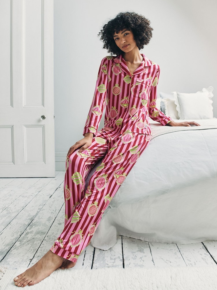 Chelsea Peers Red Christmas Baubles Stripe Print Long Pyjamas Set - Image 8 of 8 Chelsea Peers Red Christmas Baubles Stripe Print Long Pyjamas Set - Image 8 of 8