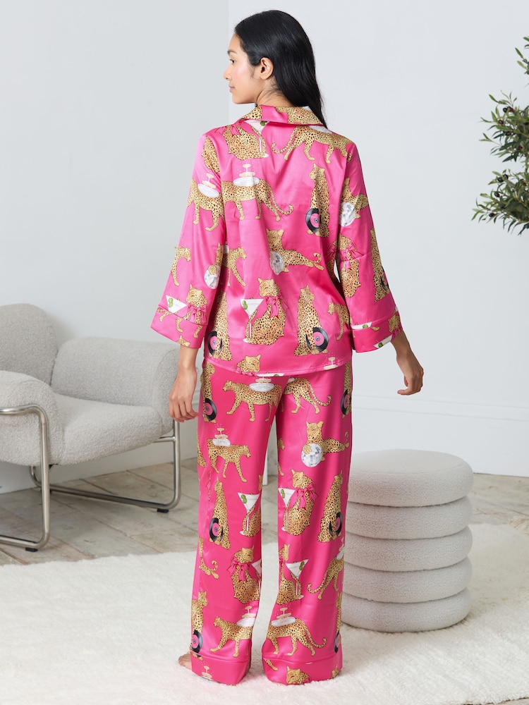 Chelsea Peers Pink Satin Cocktail Hour Leopard Print Long Pyjamas Set - Image 2 of 6 Chelsea Peers Pink Satin Cocktail Hour Leopard Print Long Pyjamas Set - Image 2 of 6
