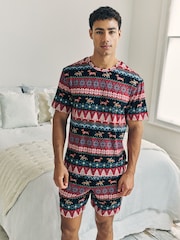 Chelsea Peers Blue Christmas Dog Fairisle Print Short Pyjamas Set - Image 2 of 5