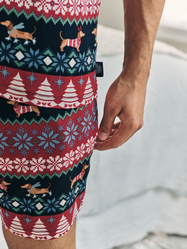 Chelsea Peers Blue Christmas Dog Fairisle Print Short Pyjamas Set - Image 5 of 5 Chelsea Peers Blue Christmas Dog Fairisle Print Short Pyjamas Set - Image 5 of 5