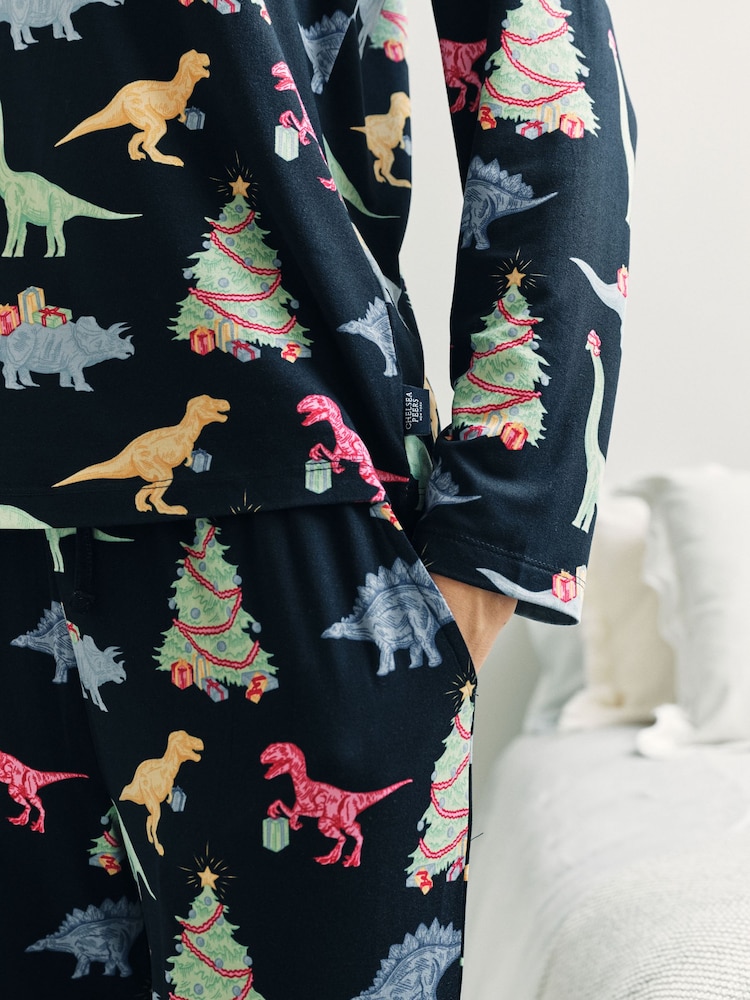Chelsea Peers Blue Christmas Dinosaur Print Long Pyjamas Set - Image 10 of 10 Chelsea Peers Blue Christmas Dinosaur Print Long Pyjamas Set - Image 10 of 10
