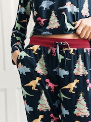 Chelsea Peers Blue Christmas Dinosaur Print Long Pyjamas Set - Image 3 of 9