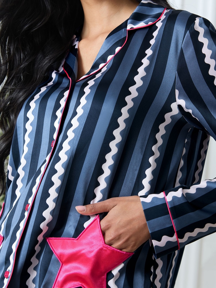 Chelsea Peers Blue Satin Star Pocket Striped Long Pyjamas Set - Image 5 of 5 Chelsea Peers Blue Satin Star Pocket Striped Long Pyjamas Set - Image 5 of 5