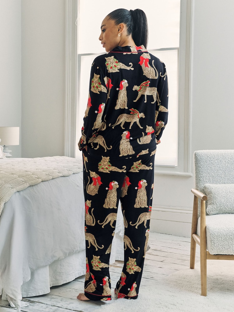 Chelsea Peers Blue Christmas Leopard Print Long Pyjamas Set - Image 9 of 9 Chelsea Peers Blue Christmas Leopard Print Long Pyjamas Set - Image 9 of 9