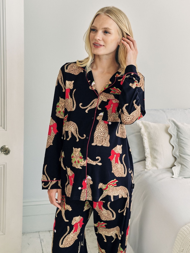 Chelsea Peers Blue Maternity Christmas Leopard Print Long Pyjamas Set - Image 2 of 5 Chelsea Peers Blue Maternity Christmas Leopard Print Long Pyjamas Set - Image 2 of 5