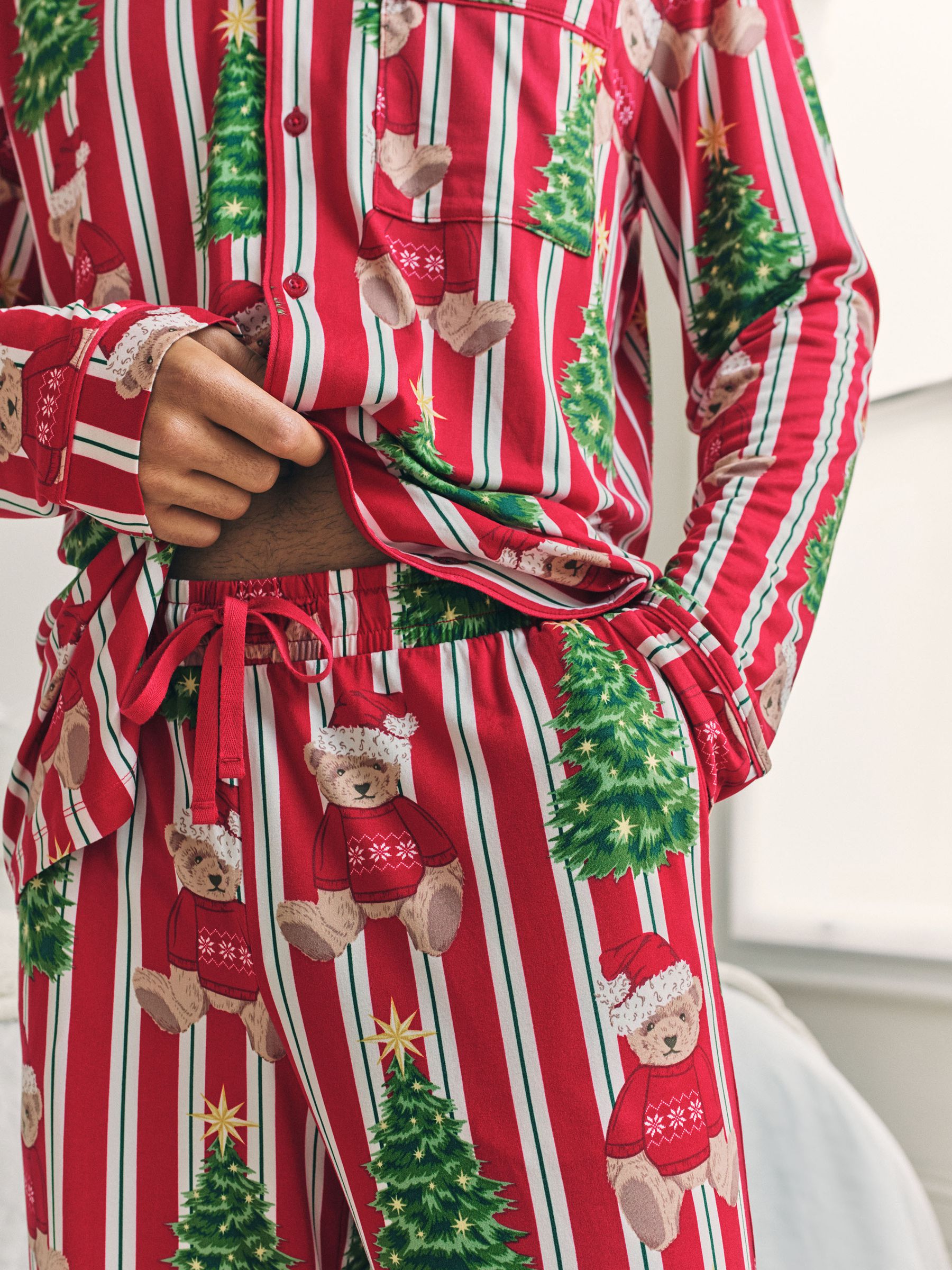 Buy Chelsea Peers Red Christmas Teddy Bear Stripe Print Long Pyjamas ...