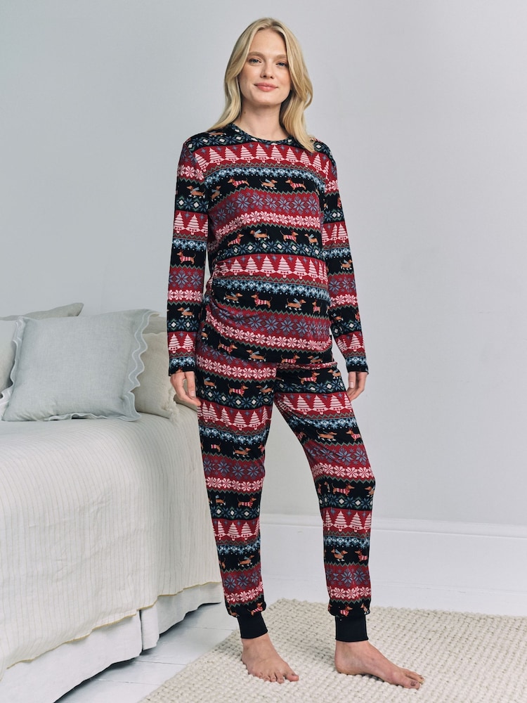 Chelsea Peers Blue Maternity Christmas Dog Fairisle Print Long Pyjamas Set - Image 1 of 5 Chelsea Peers Blue Maternity Christmas Dog Fairisle Print Long Pyjamas Set - Image 1 of 5