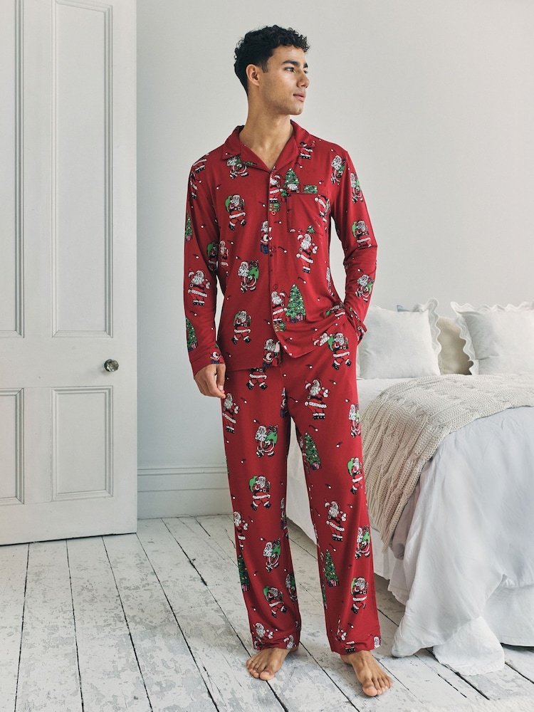 Chelsea Peers Red Christmas Santa Snowball Print Long Pyjamas Set - Image 1 of 9 Chelsea Peers Red Christmas Santa Snowball Print Long Pyjamas Set - Image 1 of 9