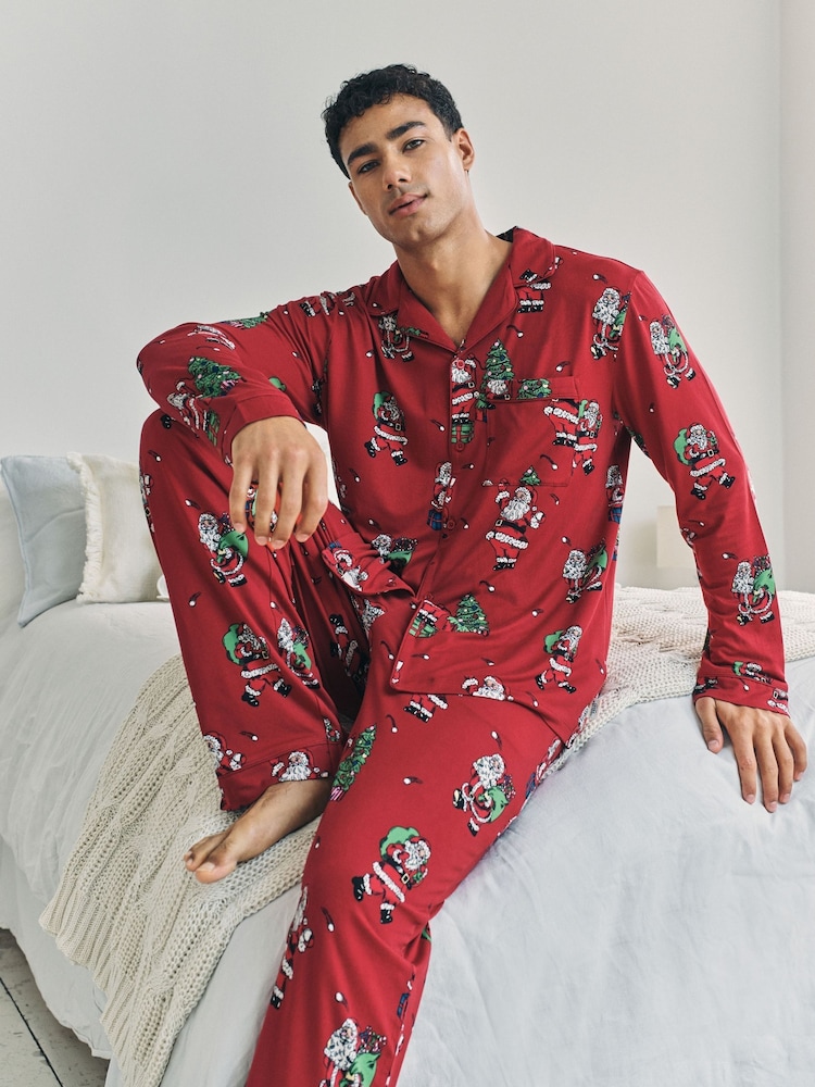 Chelsea Peers Red Christmas Santa Snowball Print Long Pyjamas Set - Image 2 of 9 Chelsea Peers Red Christmas Santa Snowball Print Long Pyjamas Set - Image 2 of 9