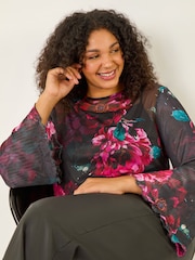 Roman Red Curve Floral Mesh Print Tunic Top - Image 1 of 5