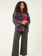 Roman Red Curve Floral Mesh Print Tunic Top - Image 2 of 5