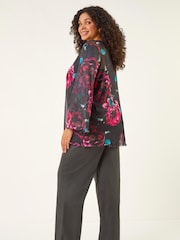 Roman Red Curve Floral Mesh Print Tunic Top - Image 3 of 5