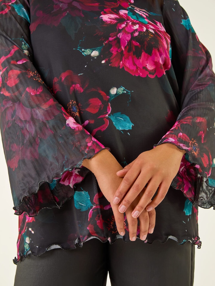Roman Red Curve Floral Mesh Print Tunic Top - Image 5 of 5