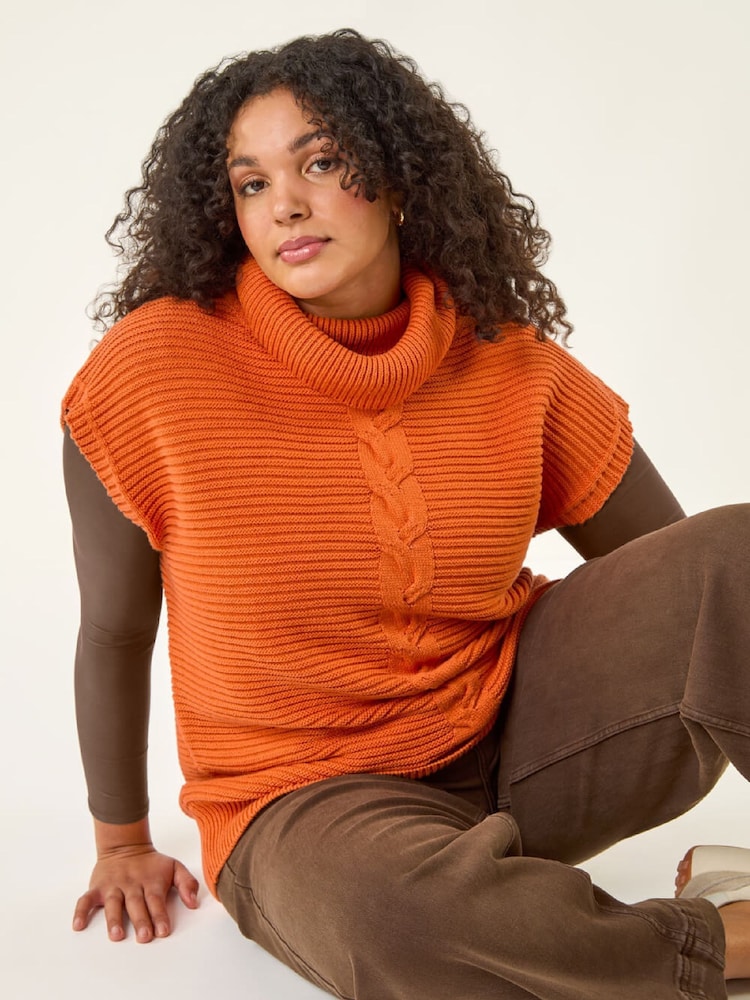 Roman Dark Brown Curve High Neck Tabard Knit Jumper - Image 1 of 5 Roman Dark Brown Curve High Neck Tabard Knit Jumper - Image 1 of 5
